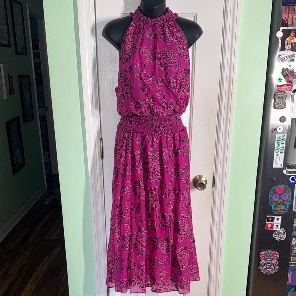 White House Black Market Magenta Floral Burnout Smock-Neck Midi Dress Size 14